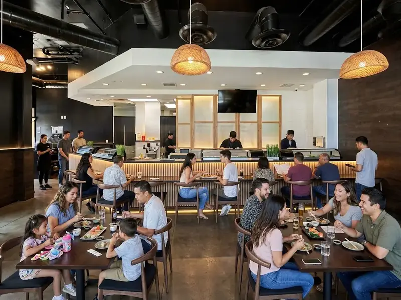 Sushi bar and dining tables inside Orange Fish Sushi